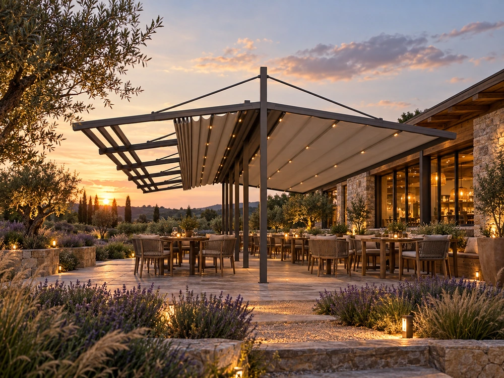 двухскатная пергола twin на террасе (перголы со сдвижным тентом)